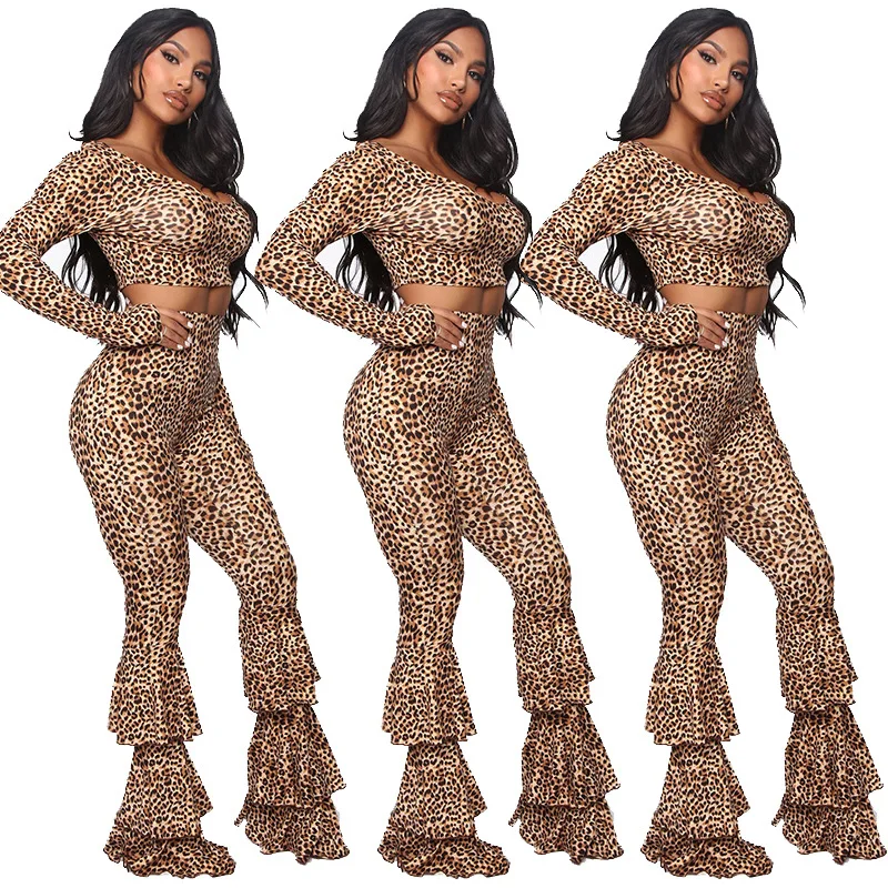 

M015 Fashion Leopard Print Tall Waist Sexy Multilayer Flares Of Cultivate One's Morality Pant Lounge Wear Sexy Women Two Piece, Customized color