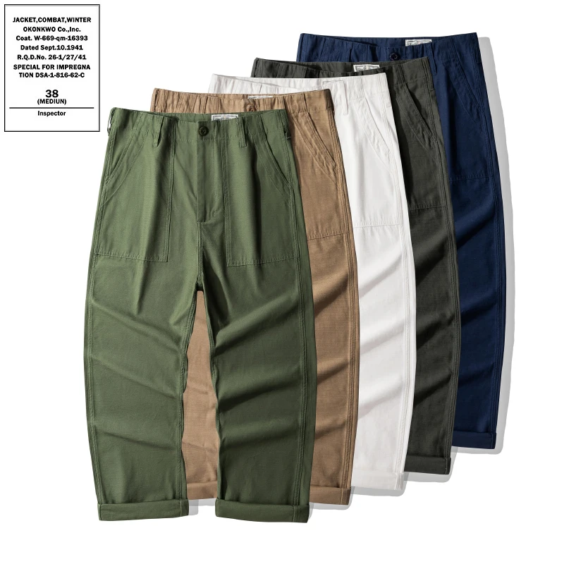 100% Cotton Trouser for Men OG107 Men's Casual Style Canvas Regular Mid Waist Straight-Leg White Khaki Mid Flat Cargo Pants
