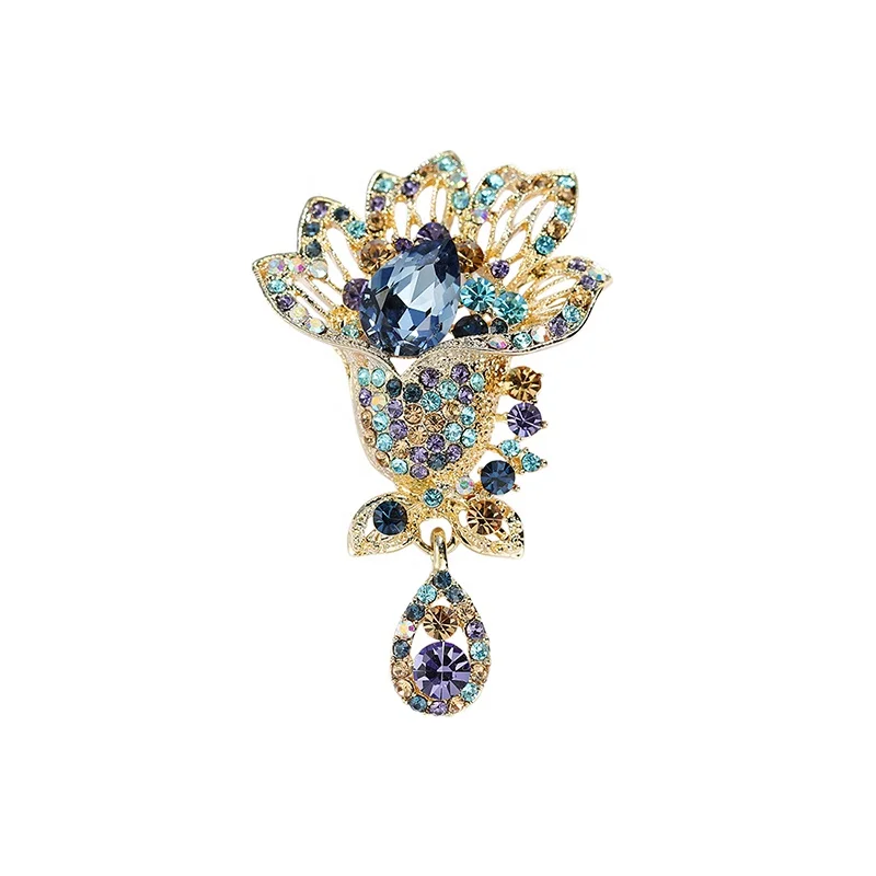 

XILIANGFEIZI New Product Designer Crystal Brooch Water Droplets Rhinestone Flower Brooches, Gold