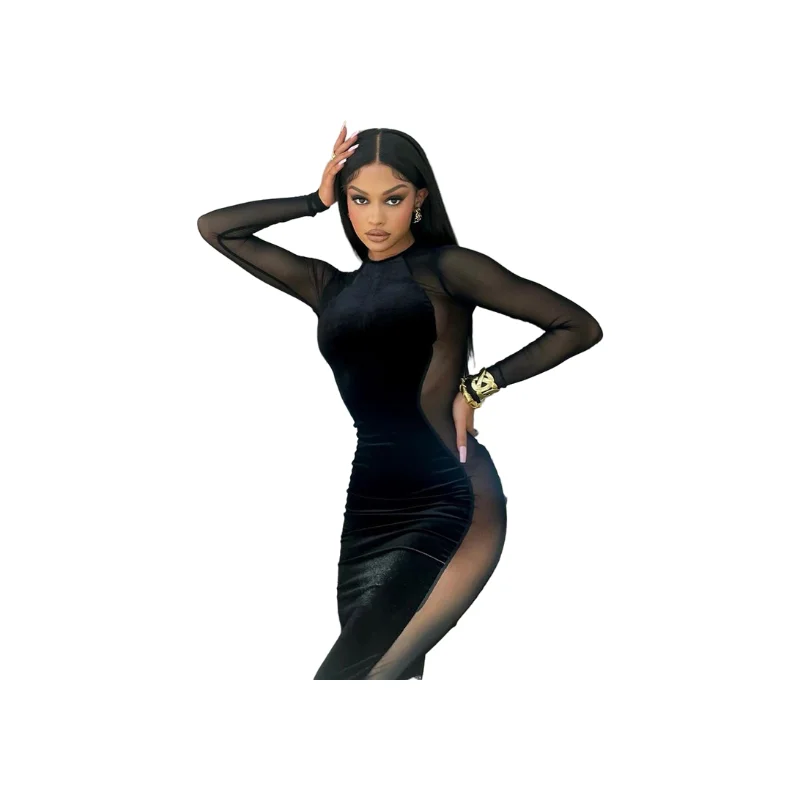 

2022 New Dresses Ladies O Neck Long Sleeve Fashionable Slim Body Con Elegant Women Maxi Dresses, Picture