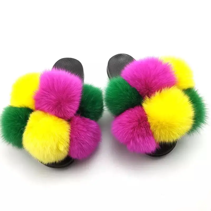 

2021New Fashion colourful real fox fur slippers women's furry Flat-bottomed lazy plush slippers, 20