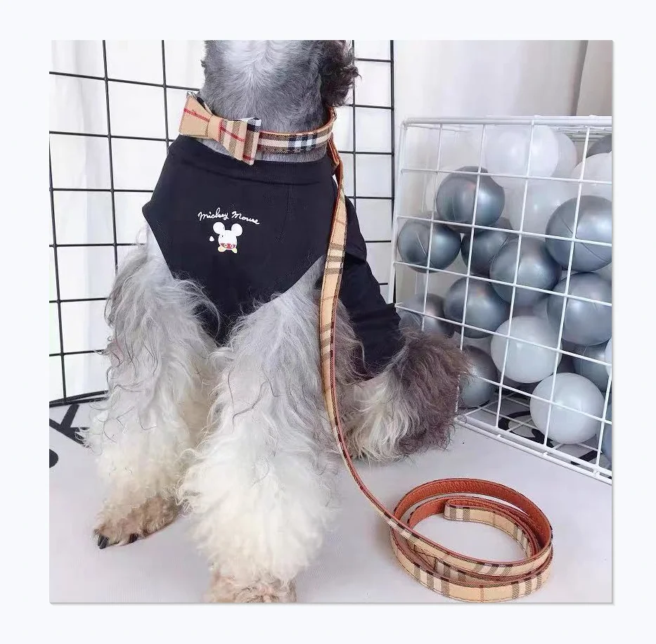 

New Pet Bowknot Triangle Scarf Fashion Brand Luxury Classic Plaid Design Dog Collar Leash Set