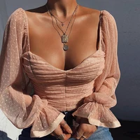 

2019 Fashion Vintage Lantern Sleeve Blouse Shirt Women Sexy Ruched Polka Dot Blouses Streetwear Mesh Crop Top