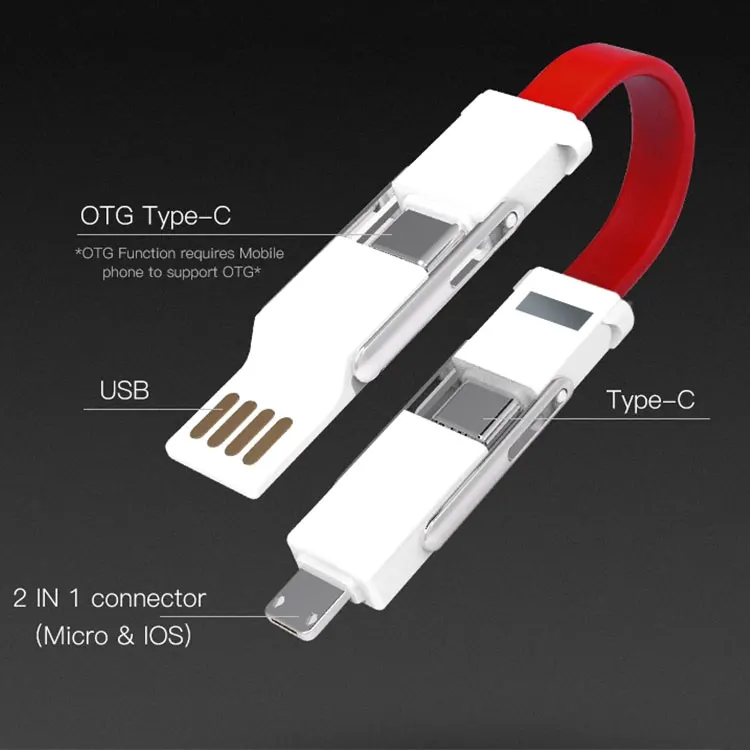 

Mini Size Emergency Charging And Data Transfer Magnet USB A 8pin Type C Micro OTG 4 IN 1 Keychain USB Cable, Orange,blue,green,white,red,black
