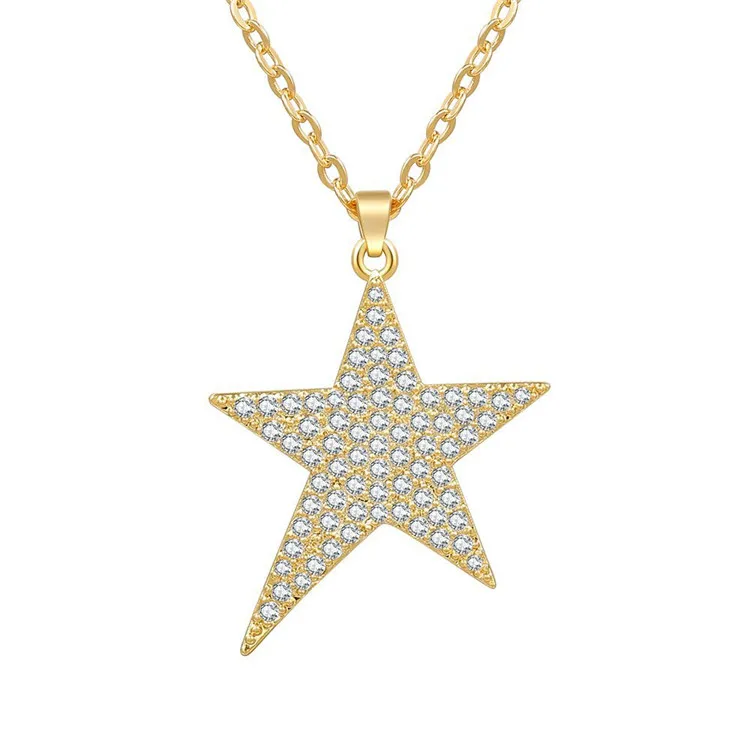 

Brass Link Chain Rhinestone Jewelry Five Pointed Star simplicity Necklace women 18K gold Plated geometry stars charms pendant