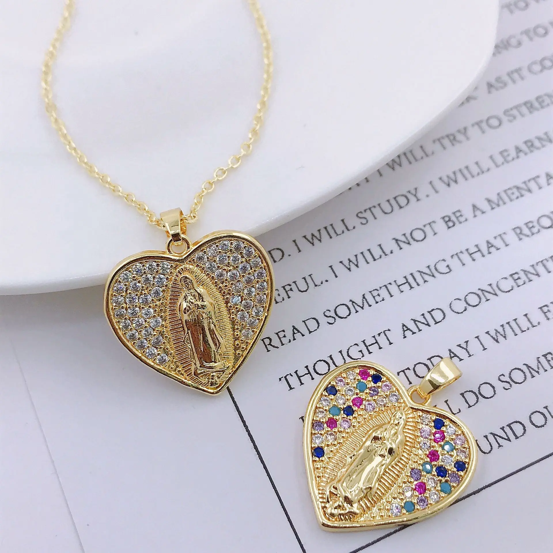 

Religious Jewelry 18k Gold Plated Micro Insert Zircon Heart Pendant Necklaces Colorful Cubic Zirconia CZ Virgin Mary Necklace