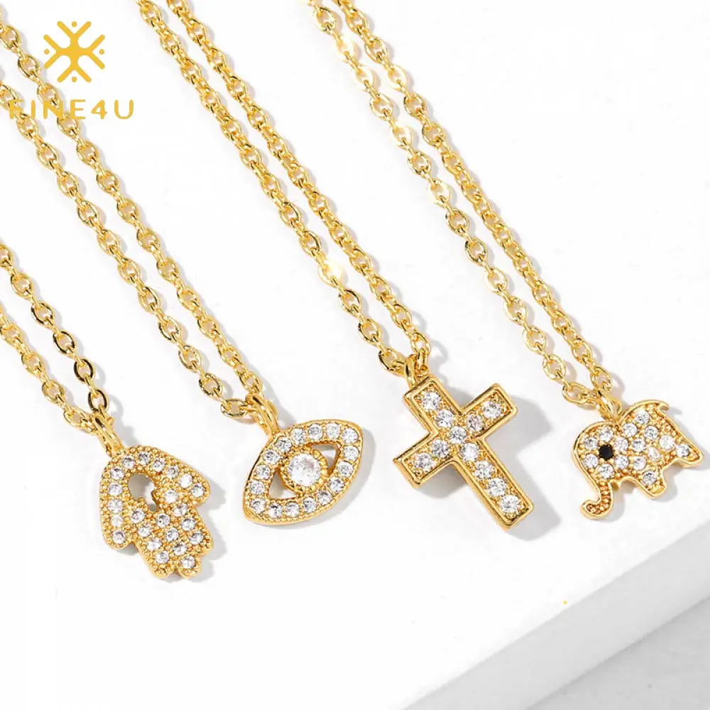 

New arrival dainty women jewelry cz zircon diamond gold plated eye hasma hand elephant cross necklace