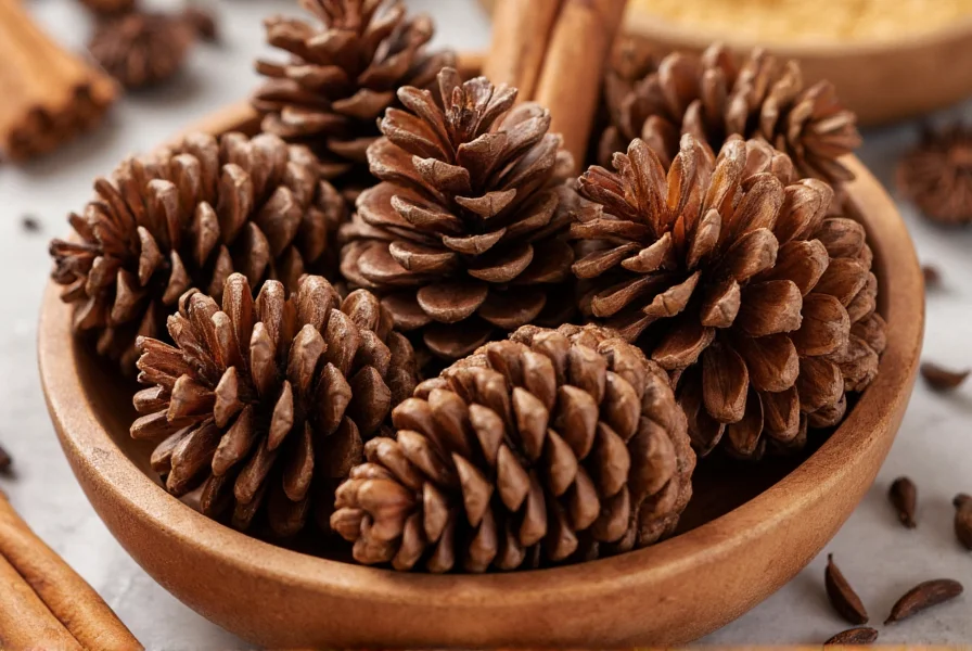 Close-up of cinnamon scented pine cones arranged in a wooden bowl with cinnamon sticks and whole cloves