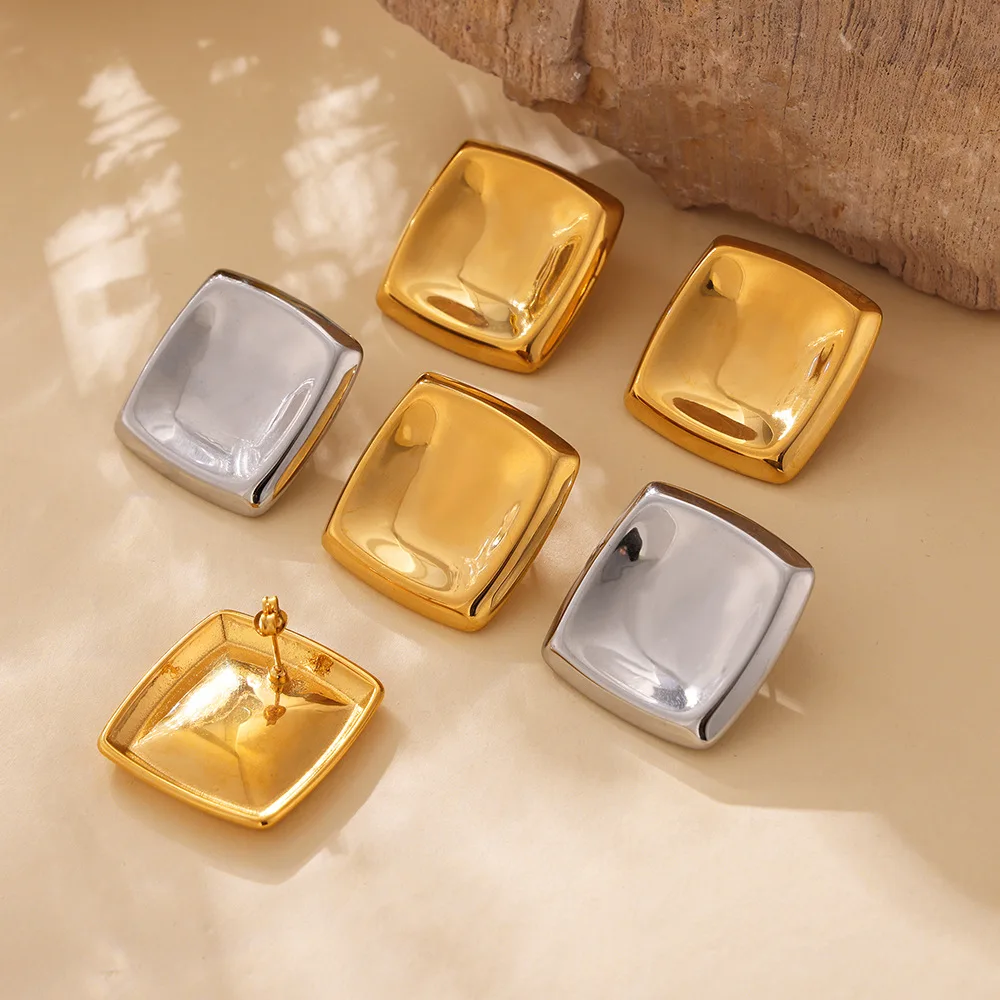 YF3863 Minimalist Stainless Steel Women Waterproof Jewelry 18k Gold Plated Smooth Irregular Square Concave Earrings