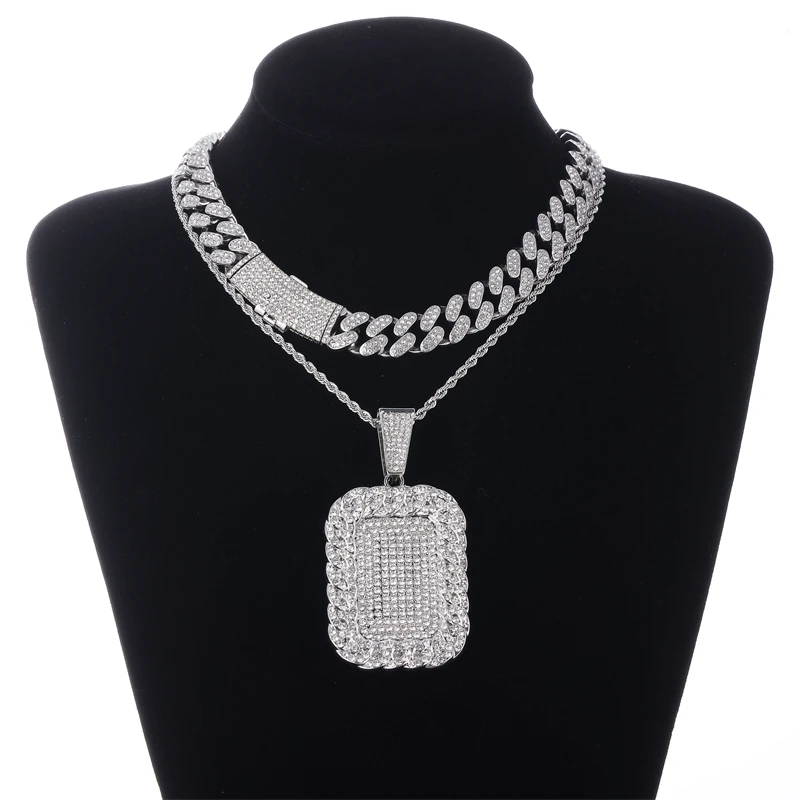 

Hip Hop Icy Choker Necklace Jewelry Set Men Iced Out Gold Plated Crystal Diamond Dog Tag Pendant With Cuban Link CHAIN