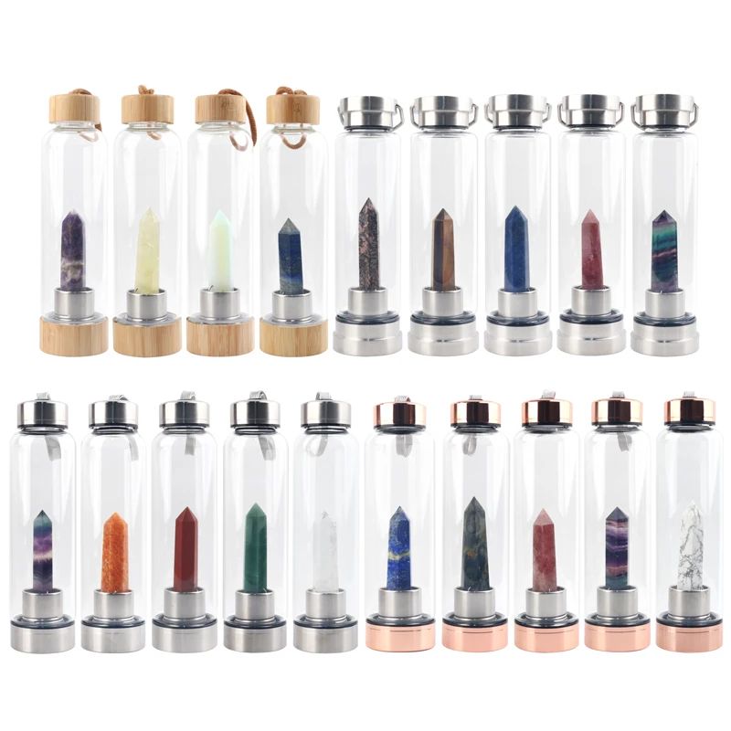 

Top Quality Custom Logo Healing Energy Crystal Bamboo Glass Rose Gold Water Bottle Crystal Infused Elixir Water Bottle