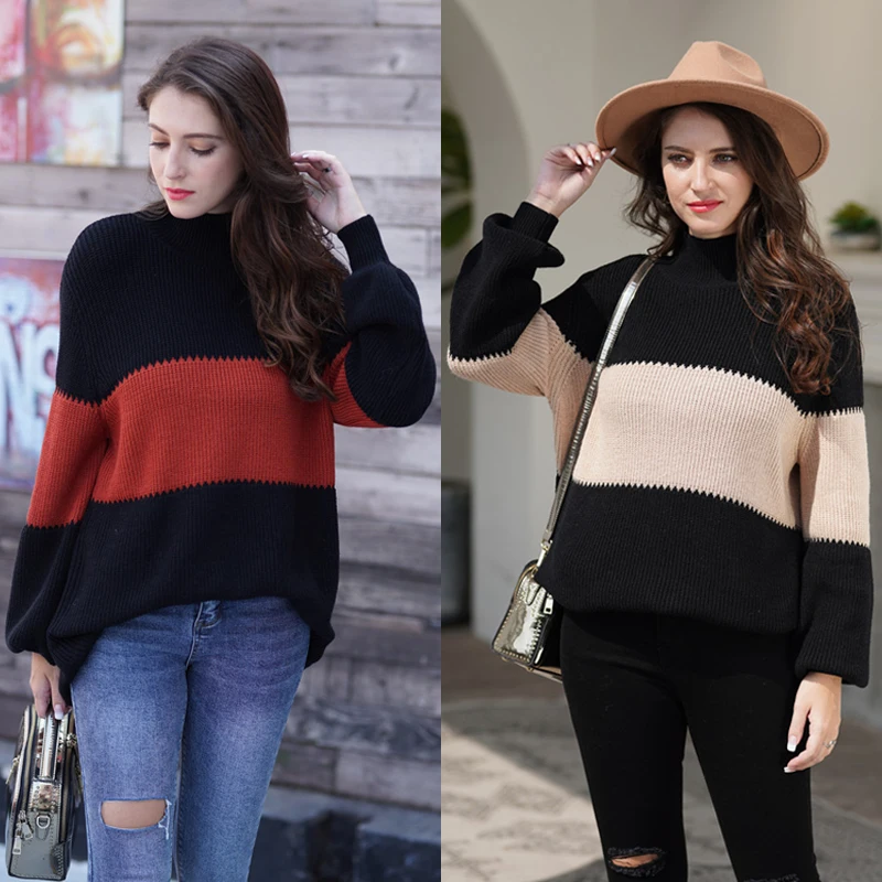 

new fashion lady oversize striped top contrast color sweater jumper women high neck knitwear pullover mujer winter