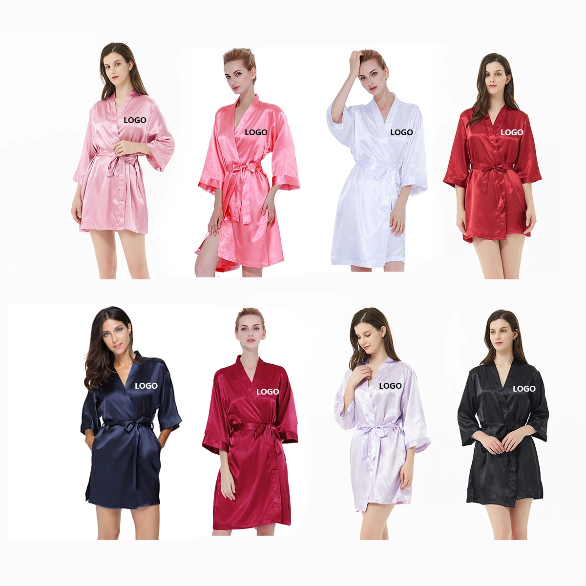 

Luxury Women Silk Kimono Robe Custom Logo Solid Color Wedding Bridal Bridesmaid Robes