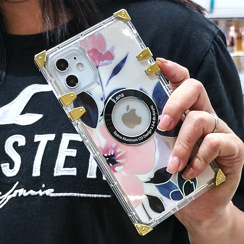 

Transparent Fashion Luxury Designer Flower Pattern Square TPU Phone Case Back Cover for iPhone 6 7 8 x xs 11 12/12 pro max