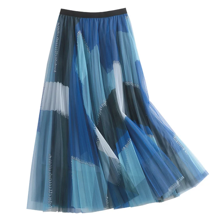 

Newest women spring summer dress a line pleated mesh long skirt pleaded skirts, 4 colors