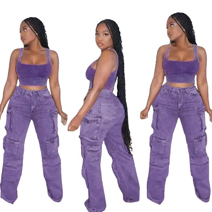 

OUDINA Hotselling Streetwear Multiple Pockets XXL Casual Denim Trousers Pants Women's Femme Purple Cargo Jeans