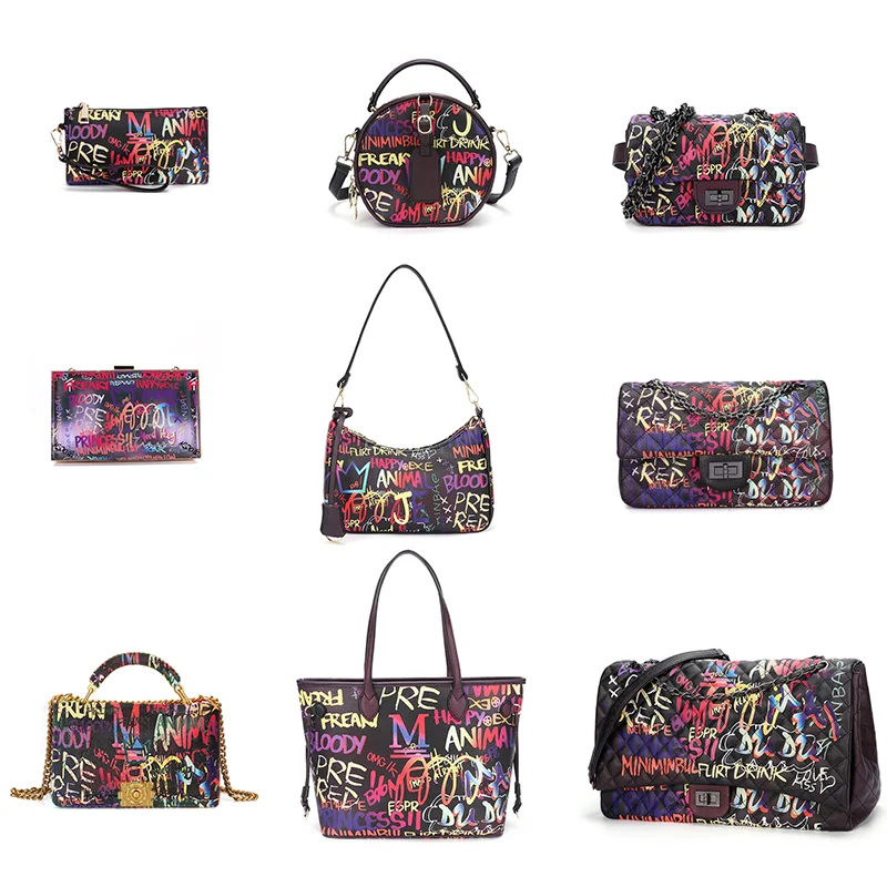 

Hot Sale Fashion purses pu leather designer crossbody famous brands ladies women shoulder bag purse handbags graffiti bags, Rainbow