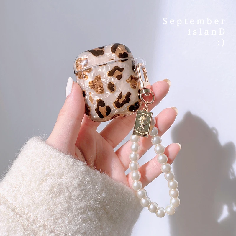 

3D Coin pearl bracelet chain Shell Leopard soft Wireless Headset BT case for Apple AirPods 1 2 cover for airpods pro Box