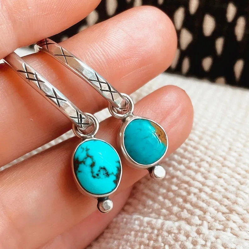 

Women Hoop Statement 925 Silver Natural Raw Semi- Precious Boho Turquoise Stone Stud Dangle Earings