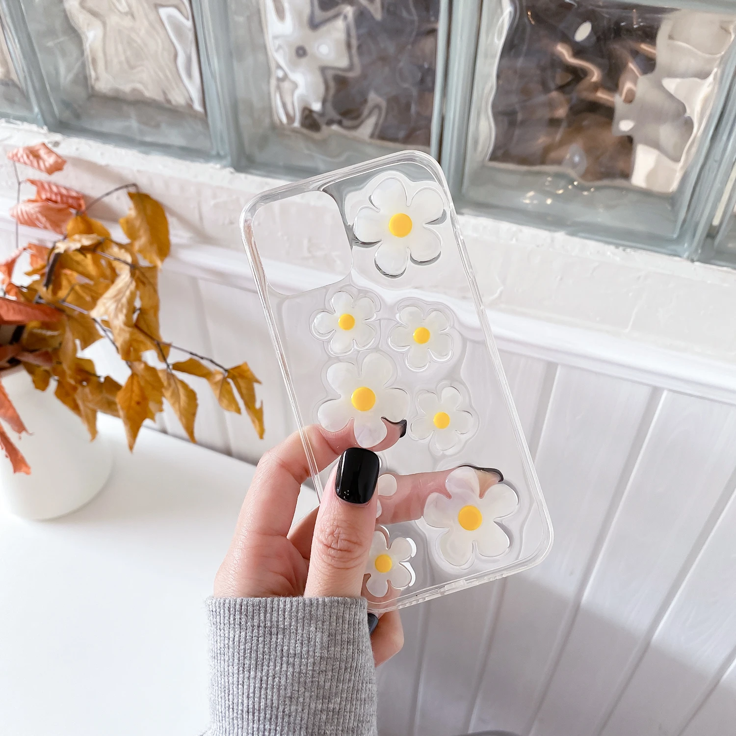 

2021 Phone Case for iPhone 12 Case Silicone Shockproof Back Cover White daisy print Phone Case, Accept customization