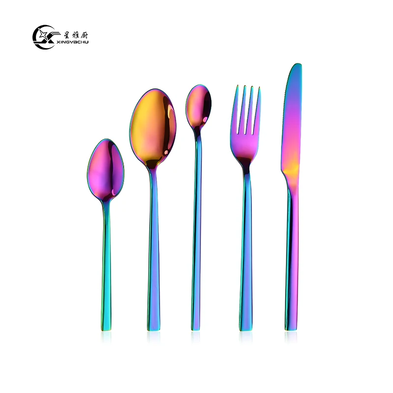 

Wholesale Colorful Iridescent Spoon Fork Knife Set Stainless Steel Eco-friendly Cutlery With Ice scoop, Iridescent/silver/gold/rose gold