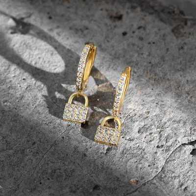 

2021 NEW 925 Sterling Silver fashion diy lock shape with cz diamond key lock charm hoop earring for women