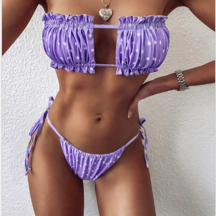 

2021 European and American new style bikini two piece swim tube top hollow out swimwear wrinkle thong y lace-up bikini swimsuit