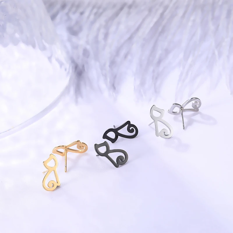 

2019 wholesale earings for women Cat Shape stud earrings women jewelry stainless steel plated 18K real gold