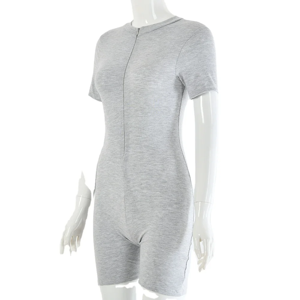

Fashion Solid color short sleeve front zip jumpsuit women 2021, As pictures