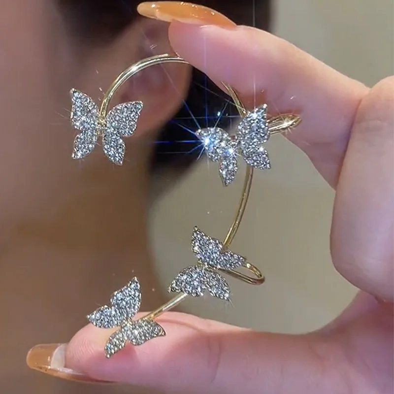 

Silver Plated Metal Crystal Butterfly Ear Clips Without Piercing Women Sparkling Zircon Ear Cuff Clip Earrings Wedding Jewelry