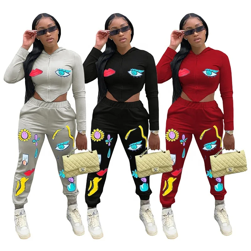 

LW-G8055 New fall design for lady two piece long sleeve hoodies with hood and joggers women pant sets casual, As shown or customized