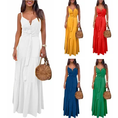 

Summer Green Tunic Maxi Dress V Neck Robe Femme Belt Elegant Ruffles Party Long Dresses Spaghetti Strap Casual Vestidos Mujer, As shown