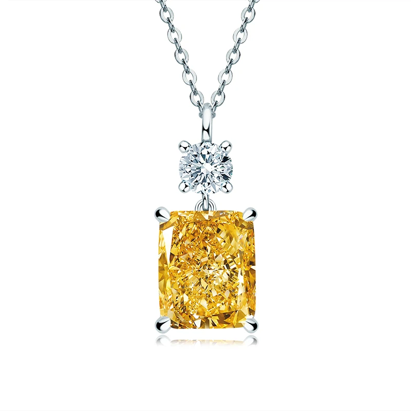 

925 Sterling Silver 9x11mm Radiant Cut Shiny Perfect Cut Created Yellow Gemstone Pendant Necklace Link Chain 20''