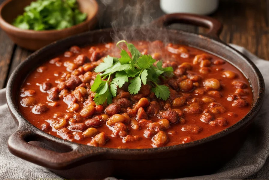 Texas-style chili in cast iron pot with deep red color, fresh cilantro garnish, and steam rising