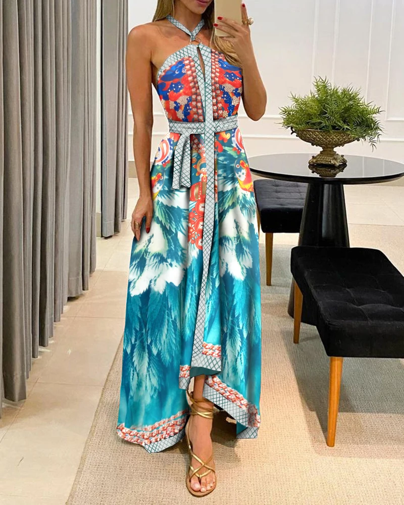 

2021 Summer Women Long Dress Sleeveless Backless Robe Femme Halter Sexy Dress Printed Vintage Dress Party Wear Floral Print