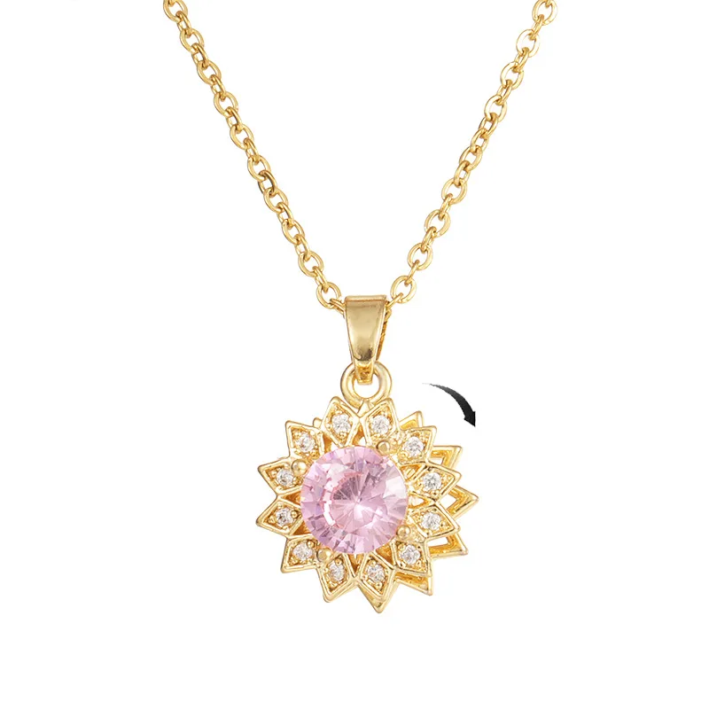 

Gold Plated Stainless Steel Jewelry Pink Cubic Zirconia Copper Plated Shiny Flower Rotating Spinning Necklace