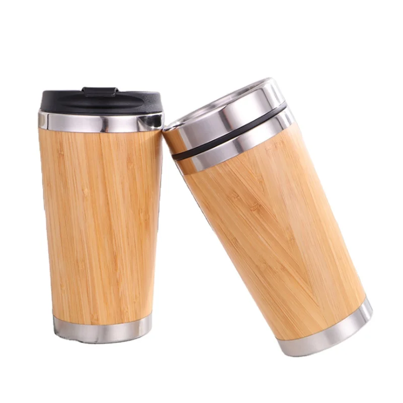 

Custom logo travel stainless steel bamboo tea strainer tumbler with handle