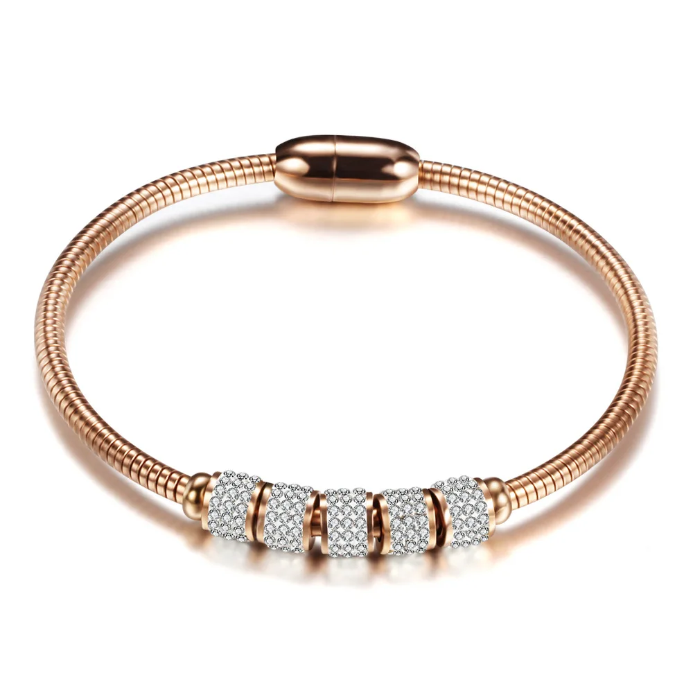 

Lady Gift Jewelry Rose Gold Plated Magnetic Clasp Magnet Buckle Spring Cable Chain Stainless Steel Bracelet Bangle Women