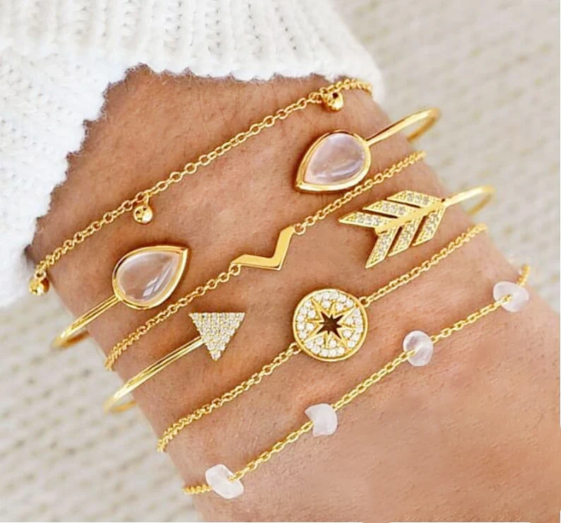 

Wholesale Trendy Rhinestone Multiple Metal Chain Bracelets Set Women Bohemian Gold Plating Party Wedding Bracelets