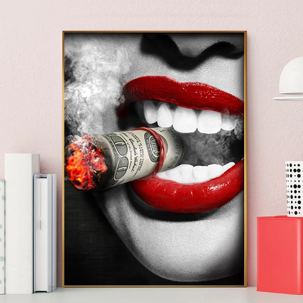 Red Lips Smoking Women Modern Walls Paintings Women Canvas Painting