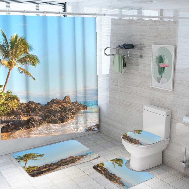 

3D Color Beach Printing Bathroom Sets Shower Curtain Washable Shower Curtain