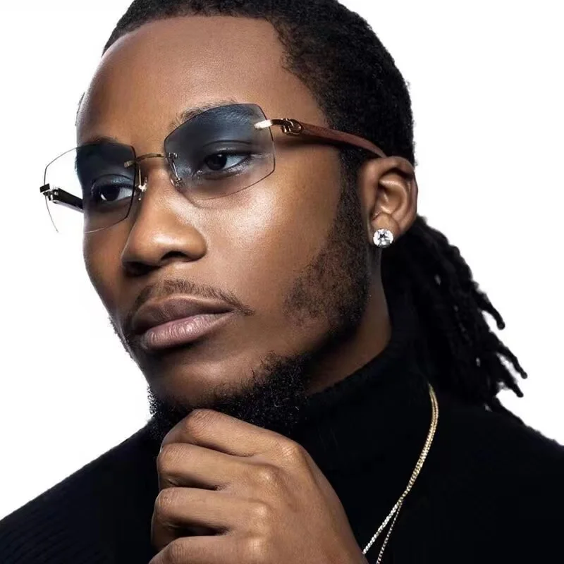 

2022 New trendy rimless sunglasses men high quality wood frame sunglasses uv400 wholesale sunglasses in stock