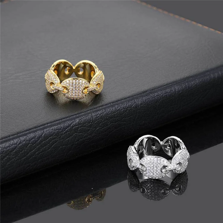 

Fashion Hip Hop Mens Coffee Bean Micro Zircon Ring Colored Zircon Pig Nose Cubic Zirconia Rings Jewelry for man Women