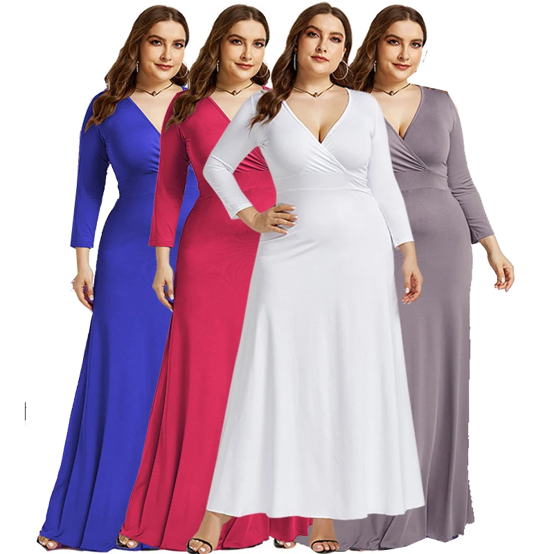 

New plus size maxi dresses 2021 solid color vintage simple design v neck full sleeve maxi dress plus size