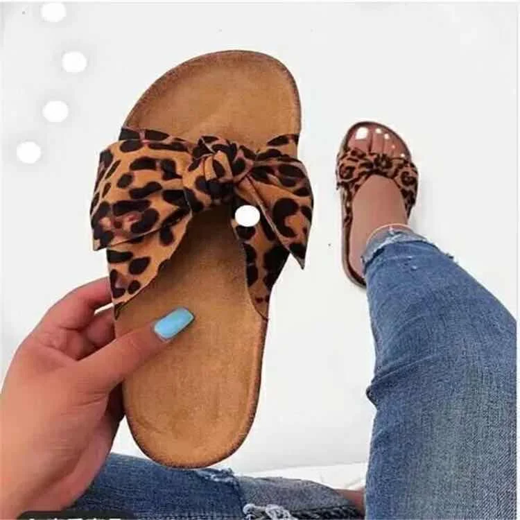 

womens sandals flat shoes new fashion popular female sandals women sexy leopard color bow flat ladies slippers, Black, leopard, pink, caramel brown