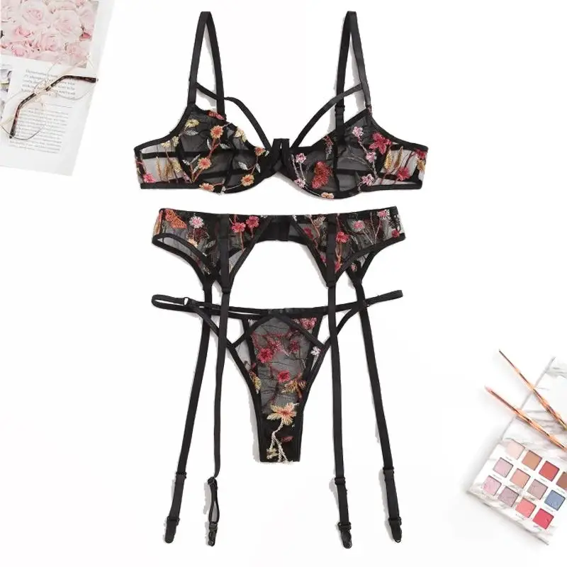 

New women Lace Mesh Bra Set Flower Embroidery Light thin Garter Underwear Sets Female Sexy Underwire Lingerie Black