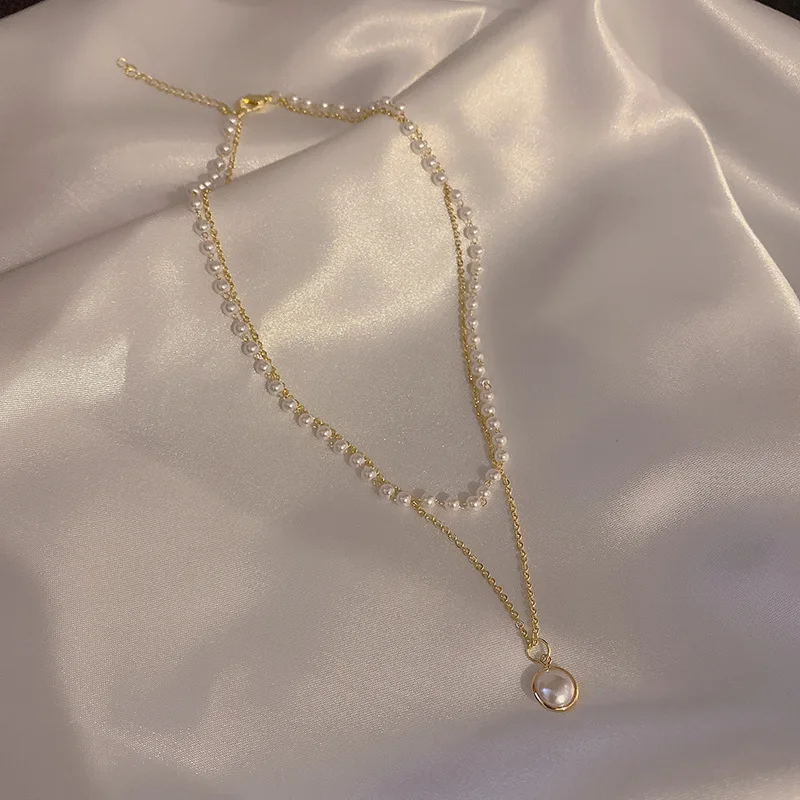 

Summer Double Layers White Round Natural Freshwater Pearl Choker Necklace Gold Plating Titanium Steel Pearl Pendant Necklace