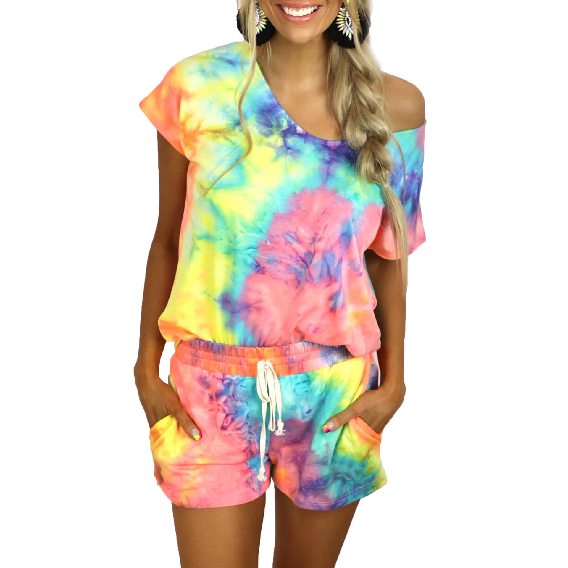 

tie-dye printing short sleeves round collar woman sweat suits sets casual home dress set women's suits set for women