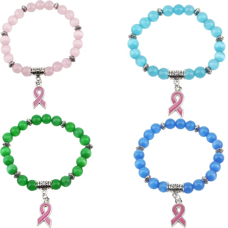 

Breast Cancer Awareness Pink Ribbon Charms Bracelet Crystal Bead Pendant Adjustable Bangle Bracelet, Many colors, as your requests