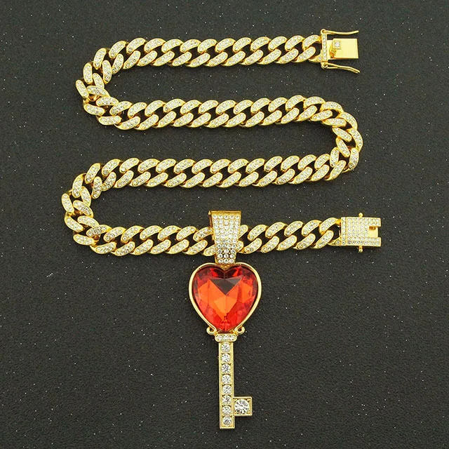 

Trendy Boy And Girl Cool Ruby Love Key Pendant Necklace Large Buckle Diamond-studded Cuban Chain Accessories